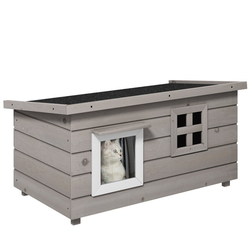 Grey Wooden Outdoor Cat House Raised Shelter with Openable Roof and Window by PawHut