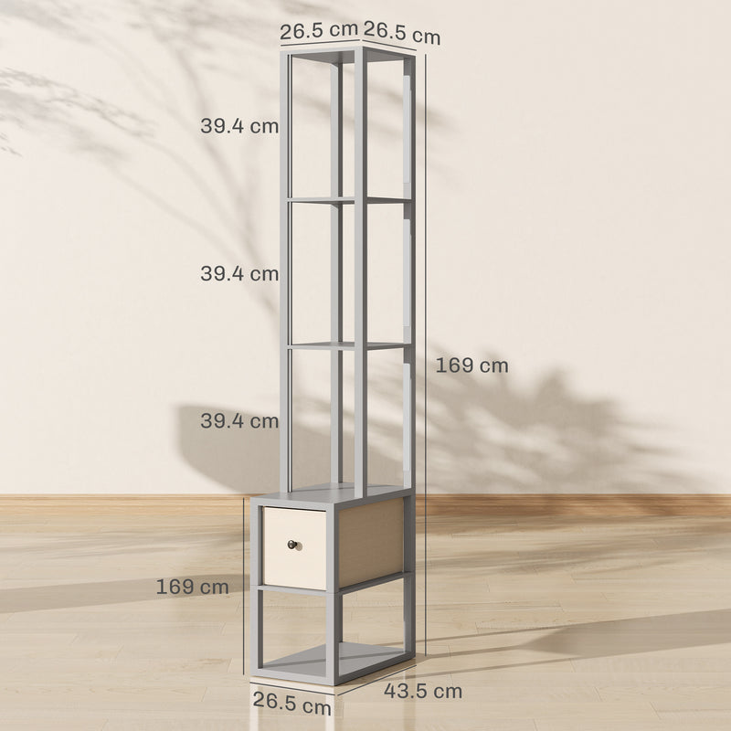 LED Floor Lamp with Shelves and Fabric Drawer Adjustable Brightness for Living Room Grey