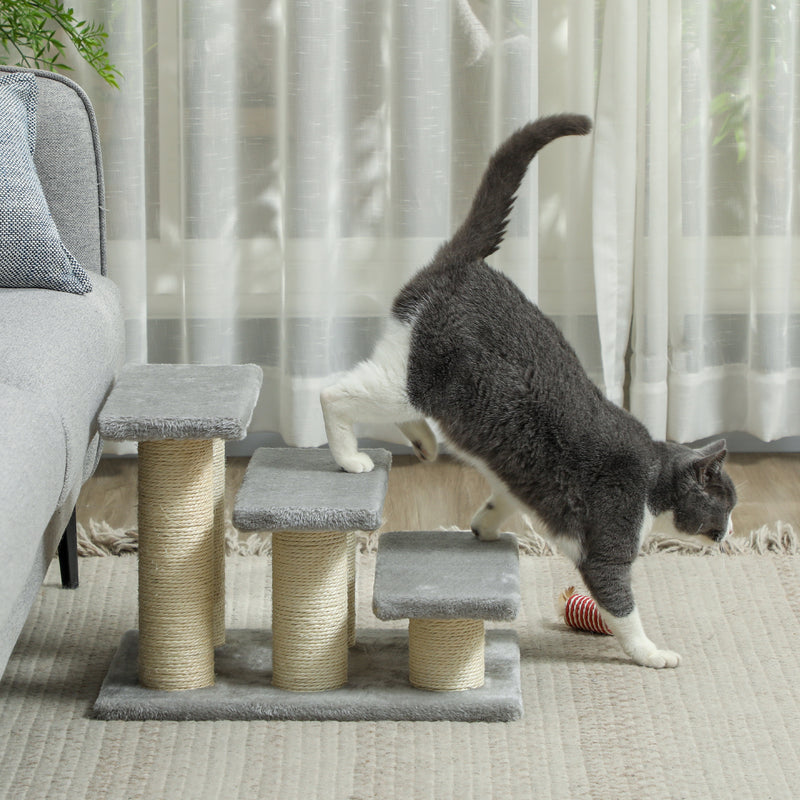 Grey 3 Step Pet Stairs for Cats and Dogs Soft Ladder with Non Slip Surface by PawHut