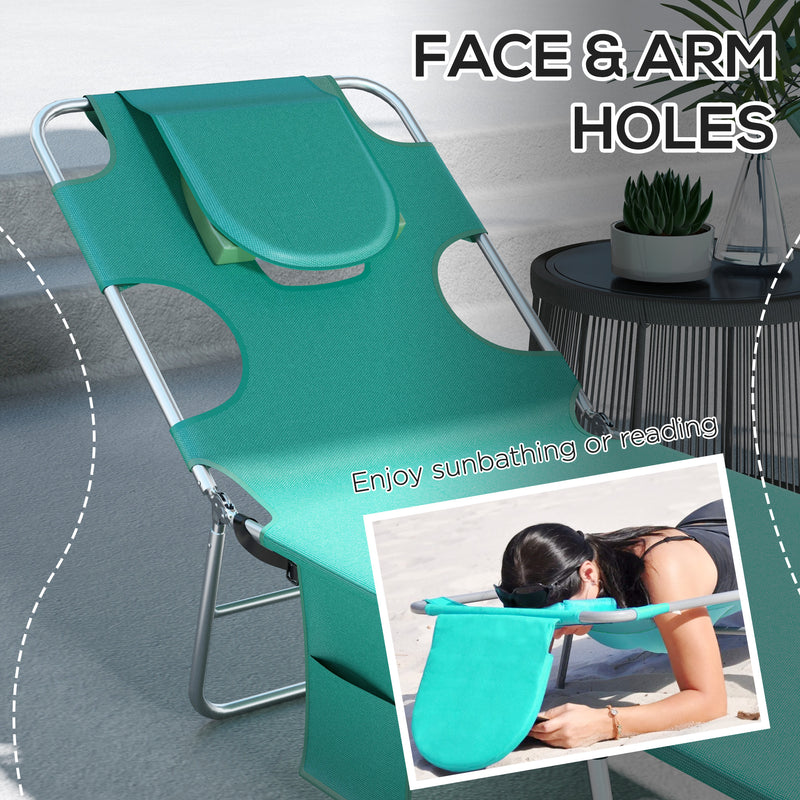 Green Foldable Sun Lounger Set of 2 with Reading Hole and Adjustable Backrest for Garden
