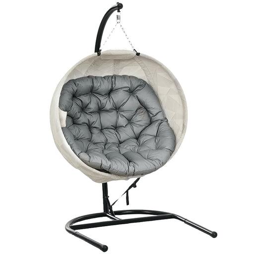 Grey Hanging Egg Chair with Stand Thick Cushion and Cup Holder for Garden or Balcony by Outsunny