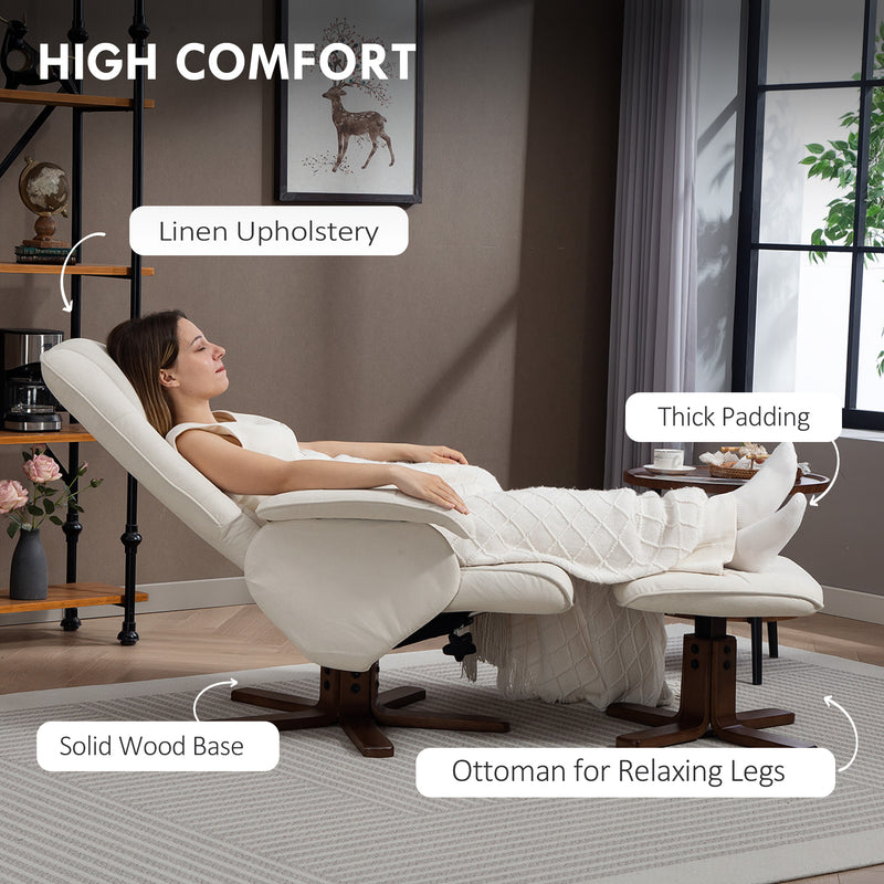 Linen Swivel Recliner Armchair with Footstool and Wooden Base for Living Room Comfort Beige
