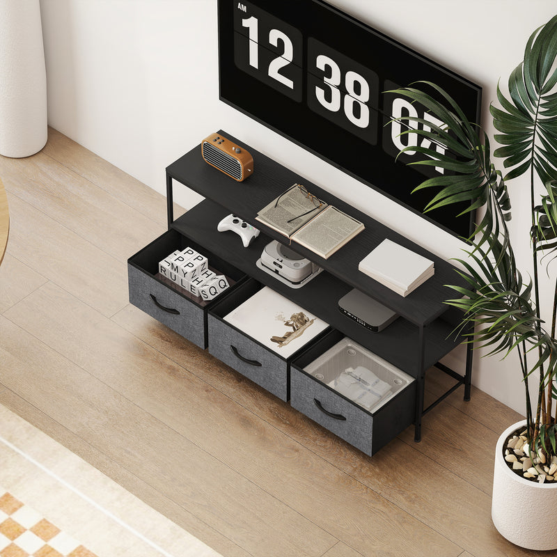 Black TV Stand Cabinet with 3 Foldable Fabric Storage Drawers for Living Room or Bedroom