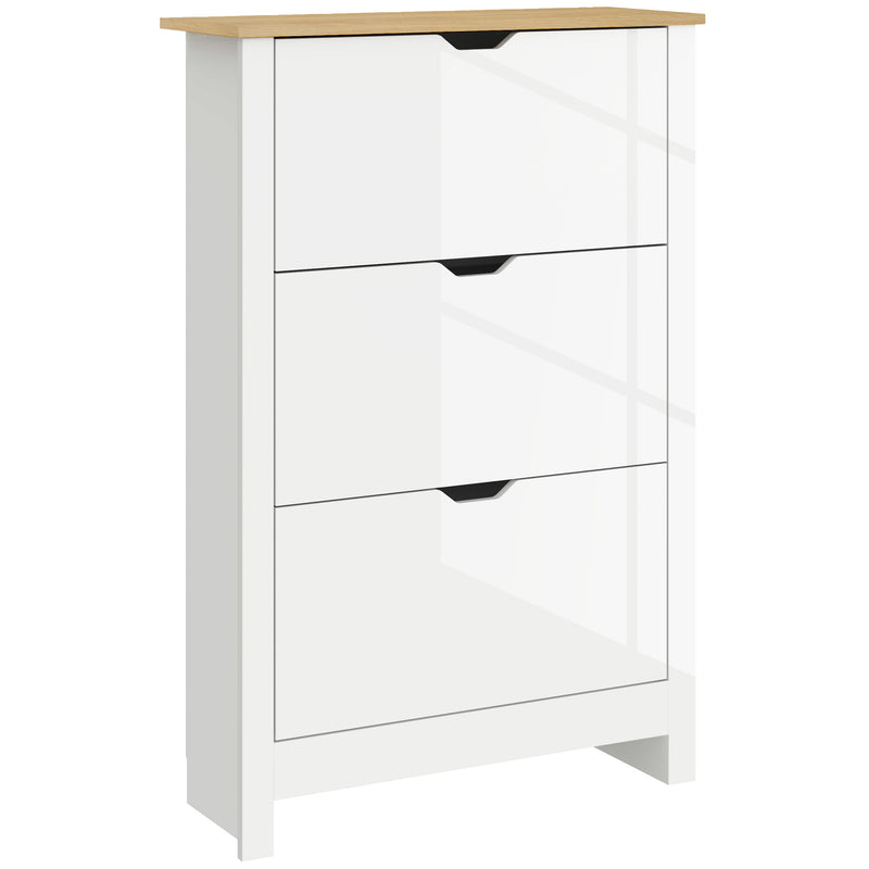 Slim White High Gloss Shoe Cabinet with 3 Flip Drawers and Adjustable Shelves for 18 Pairs by HOMCOM