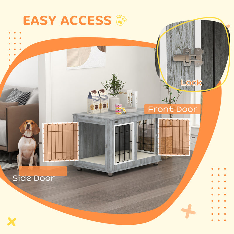 Dog Crate Side Table for Medium and Large Dogs with Cushioned Base and Lockable Doors Grey