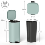 Green 30L Pedal Kitchen Bin with Soft Close Lid and Removable Inner Bucket for Home Use