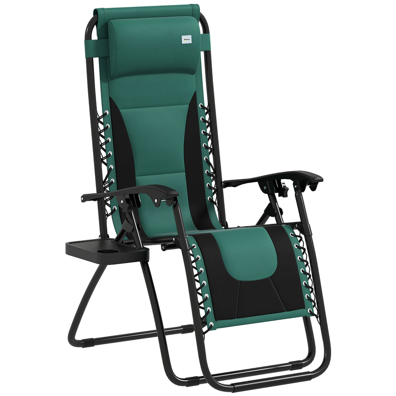 Green Zero Gravity Reclining Outdoor Lounger with Padded Seat Cup Holder and Headrest by Outsunny
