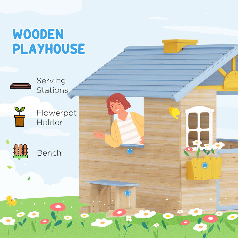 Wooden Outdoor Playhouse for Children with Bench and Plant Boxes for Creative Garden Play Blue