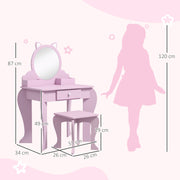 Kids Vanity Table with Mirror Stool and Storage Ideal for Ages 3 to 6 Years, Pink