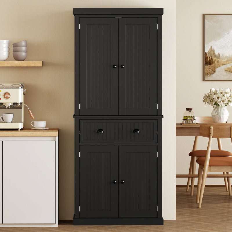 Tall Kitchen Storage Cabinet With Adjustable Shelves and Deep Cupboards Black