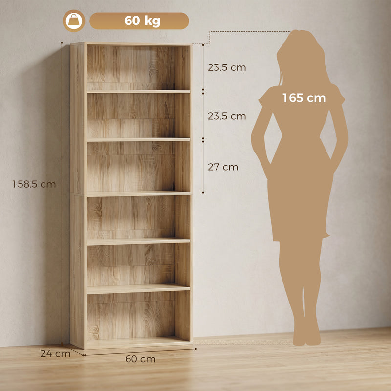 Tall Bookshelf with Adjustable Shelves for Living Room or Office Organisation Oak Wood Effect