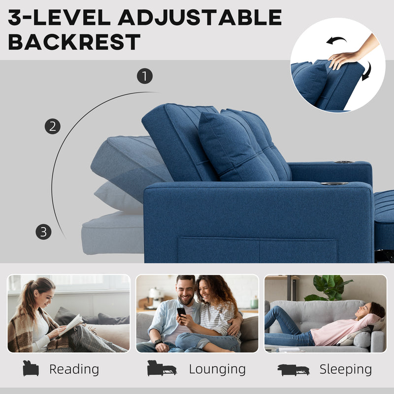 2 Seater Sofa Bed with Storage Pockets and Full Size Pull Out Bed Dark Blue
