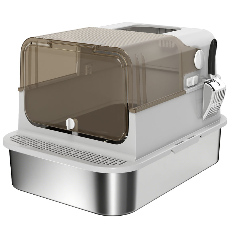 XXL Stainless Steel Covered Cat Litter Box With Flip Cover And Scoop Easy To Clean, Controls Odours, Grey