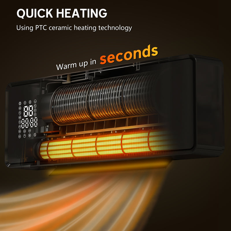 Wall Mounted 2000W Ceramic Electric Heater with Adjustable Thermostat and Fan Black
