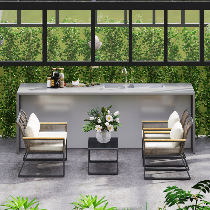 Grey 4 Seater Wicker Rope Garden Furniture Set with Glass Coffee Table by Outsunny