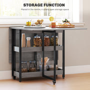 Grey Industrial Folding Dining Table with Drop Leaf and Storage Shelves for Small Spaces