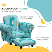 2 Piece Kids Sofa Chair Set with Dinosaur Design and Wooden Frame for Toddlers, Blue