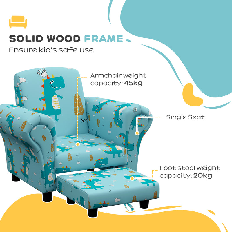 2 Piece Kids Sofa Chair Set with Dinosaur Design and Wooden Frame for Toddlers, Blue