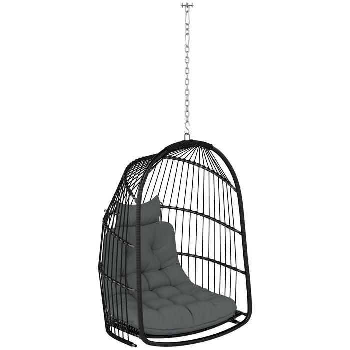 Dark Grey Hanging Egg Chair Rattan Swing Seat with Cushion and Headrest for Garden or Indoor by Outsunny