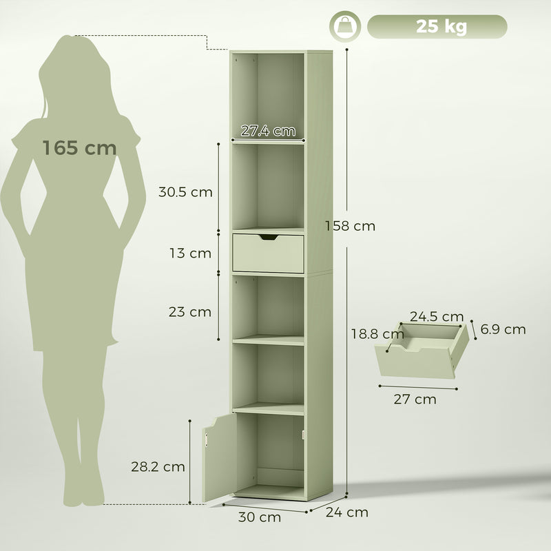 Slim Bookcase With Drawer and Cupboard for Small Room Storage Green