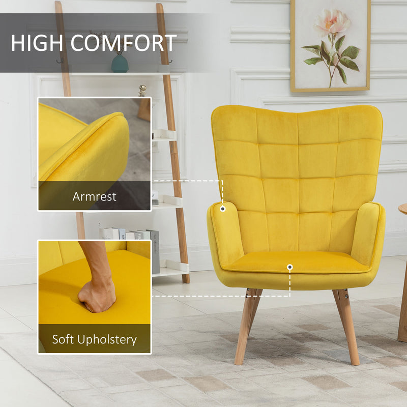Yellow Velvet Wingback Accent Chair with Tufted Upholstery for Lounge or Bedroom Comfort