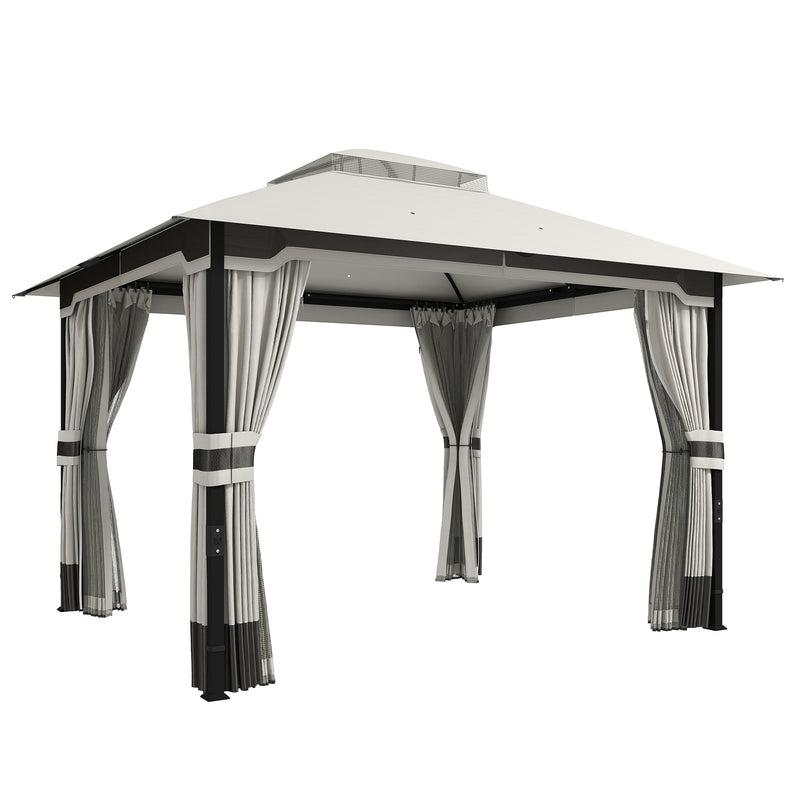 3x3.6m Metal Garden Gazebo with Curtains and Mesh for Shaded Private Outdoor Seating, Light Grey Outsunny