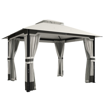 3x3.6m Metal Garden Gazebo with Curtains and Mesh for Shaded Private Outdoor Seating, Light Grey Outsunny