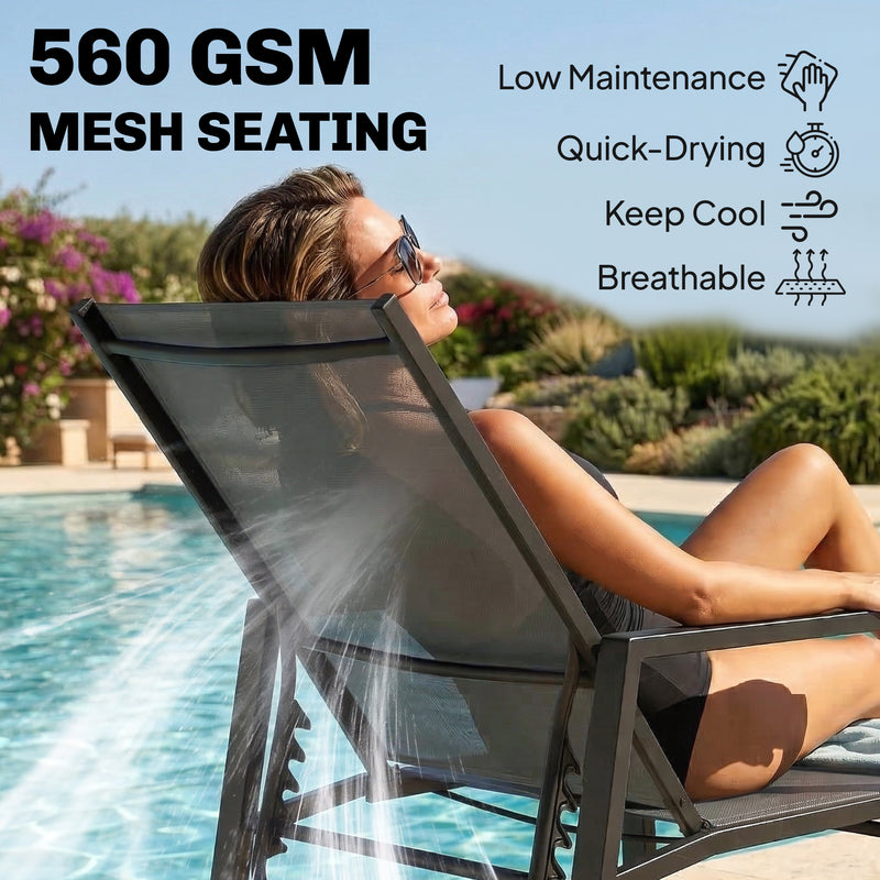 Adjustable Garden Sun Loungers Set with Full Leg Support and Quick Dry Mesh, Dark Grey