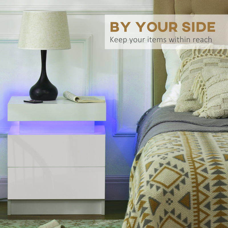 Set of 2 Bedside Tables with LED Lights and 4 Drawers Modern Storage Units White
