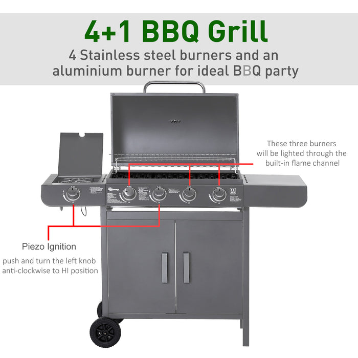 4+1 Burner Gas BBQ Grill with Warming Rack and Storage for Garden and Camping by Outsunny