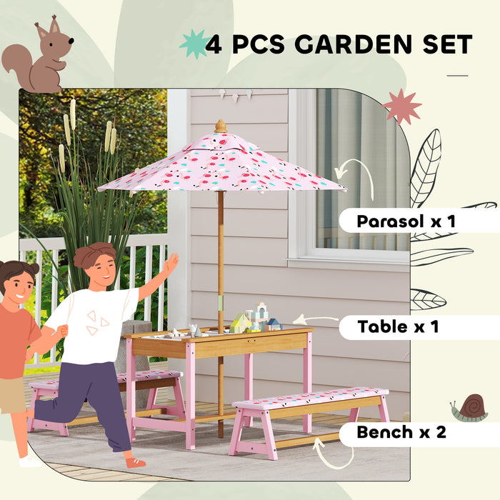 Kids Picnic Table Set with Foldable Umbrella Cushions Storage Boxes Flamingo Design Pink by AIYAPLAY