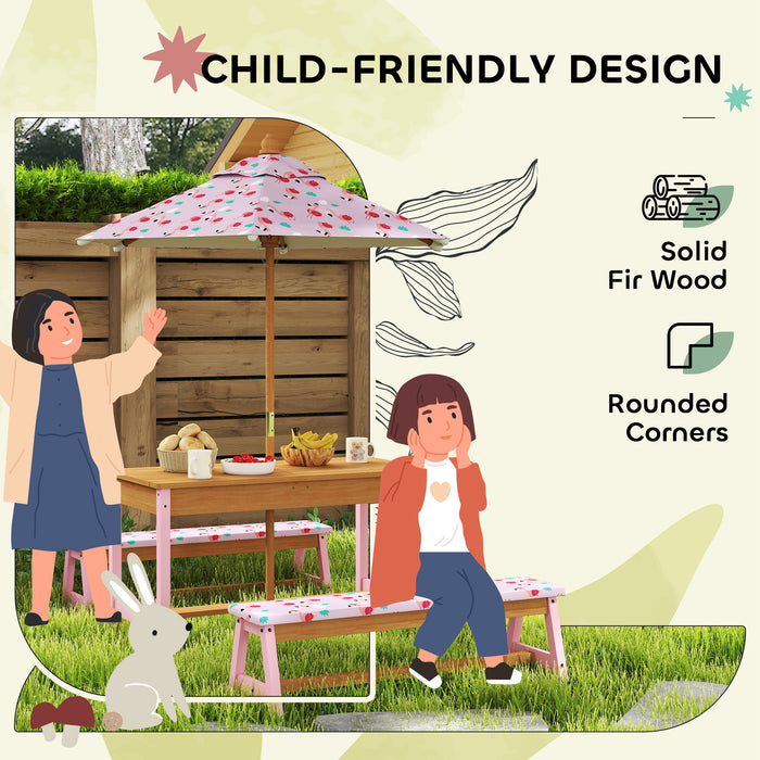 Kids Picnic Table Set with Foldable Umbrella Cushions Storage Boxes Flamingo Design Pink by AIYAPLAY