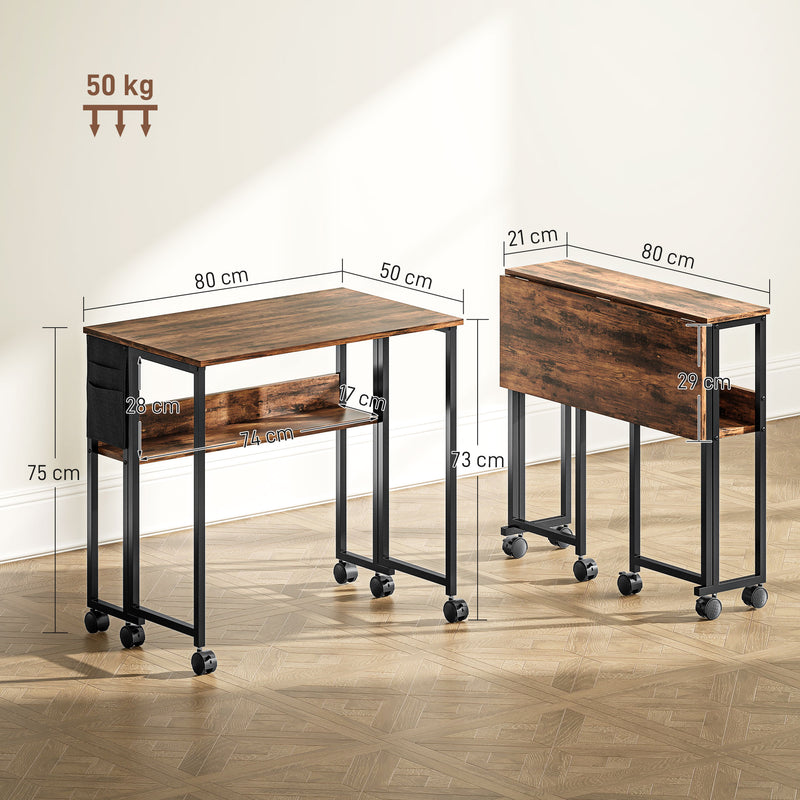 Rustic Brown Drop Leaf Writing Desk 80 cm Folding Space Saving Home Office Table