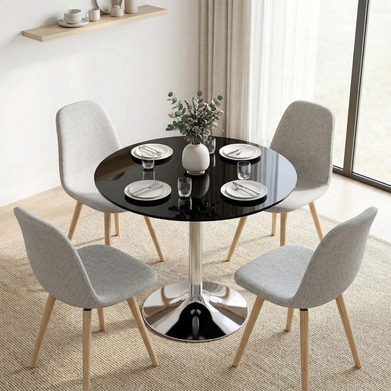 2 Seat Round Black Glass Dining Table for Small Spaces with Stable Metal Base