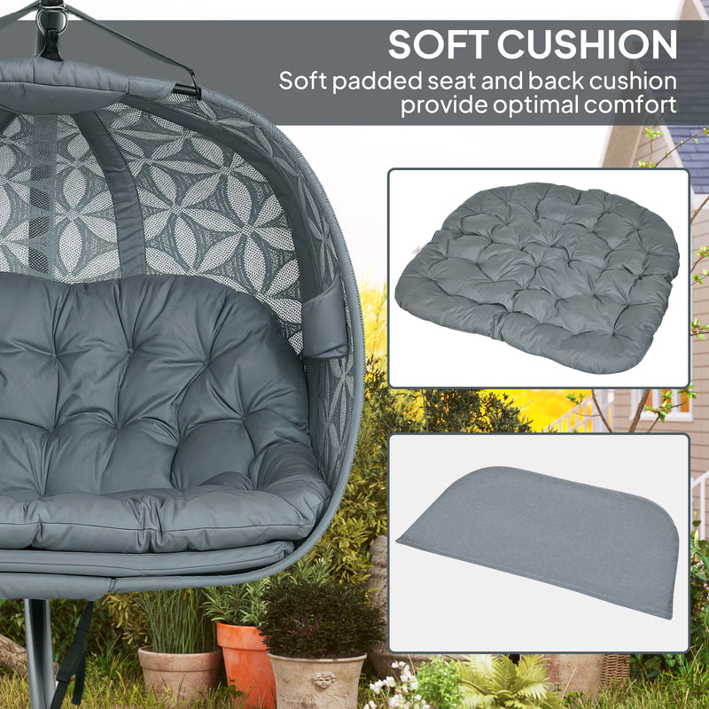 Double Hanging Egg Chair with Stand Comfy Cushion and Cup Holders Charcoal Grey by Outsunny