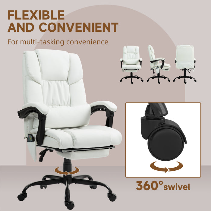 White Leather Office Chair with 6 Point Massage Adjustable Height and Footrest by Vinsetto