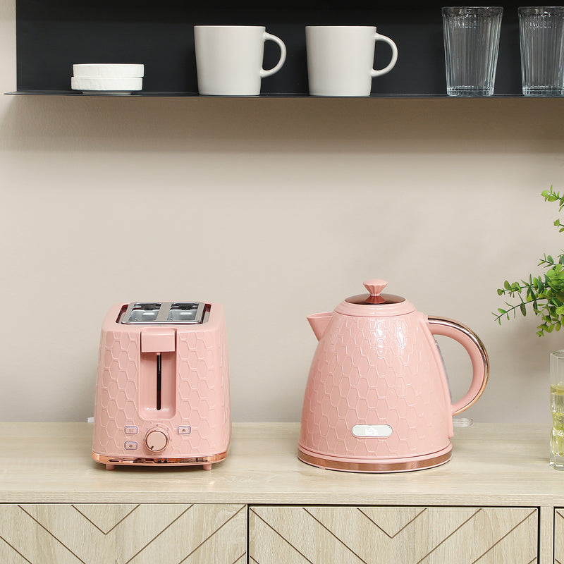 1.7L Fast Boil Kettle and 2 Slice Toaster Set with Auto Shut Off Ideal for Busy Mornings, Light Pink