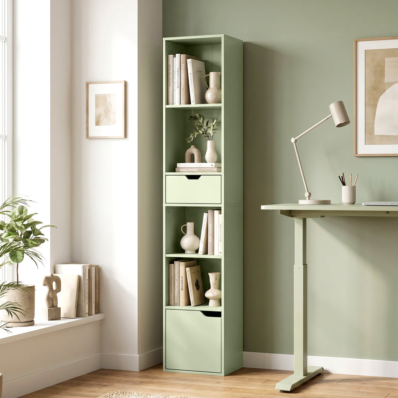 Slim Bookcase With Drawer and Cupboard for Small Room Storage Green