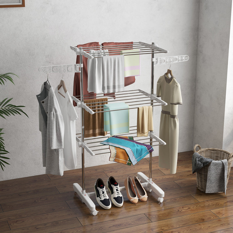 3 Tier Foldable Clothes Airer With Wheels Stainless Steel Drying Rack For Indoor Use, White