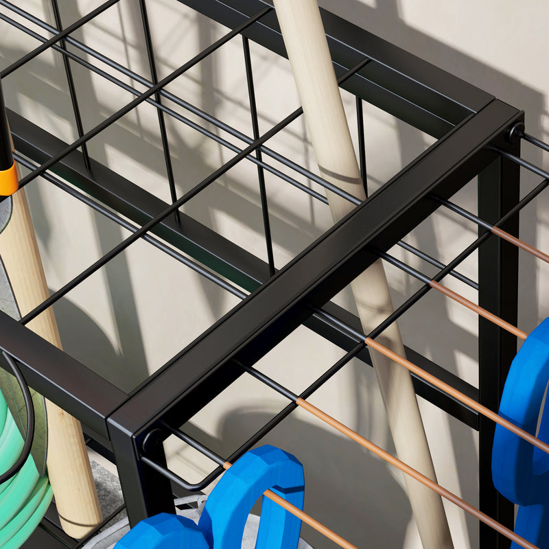 Garden Tool Storage Rack for Sheds and Garages with Hooks and Adjustable Feet Black