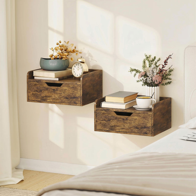 Floating Bedside Tables Set of 2 with Drawer and Shelf for Space Saving Bedroom Storage Rustic Brown AOSOM