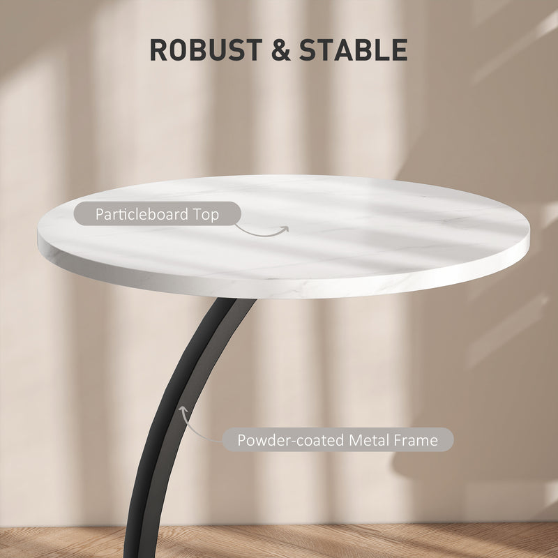 C Shaped Side Table with Marble Effect Top for Sofa or Bedside Use, White