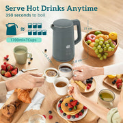Electric Kettle with Fast Boil and Keep Warm Function for Busy Mornings 1.7L Grey Silver Homcom