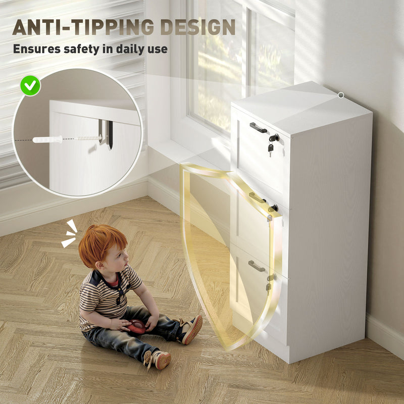 White 3 Drawer Filing Cabinet With Lock For Home Office Document Storage