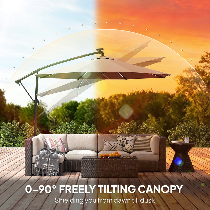 3m Cantilever Garden Parasol with LED Lights - UPF 30+ Adjustable Shade for Patio, Grey