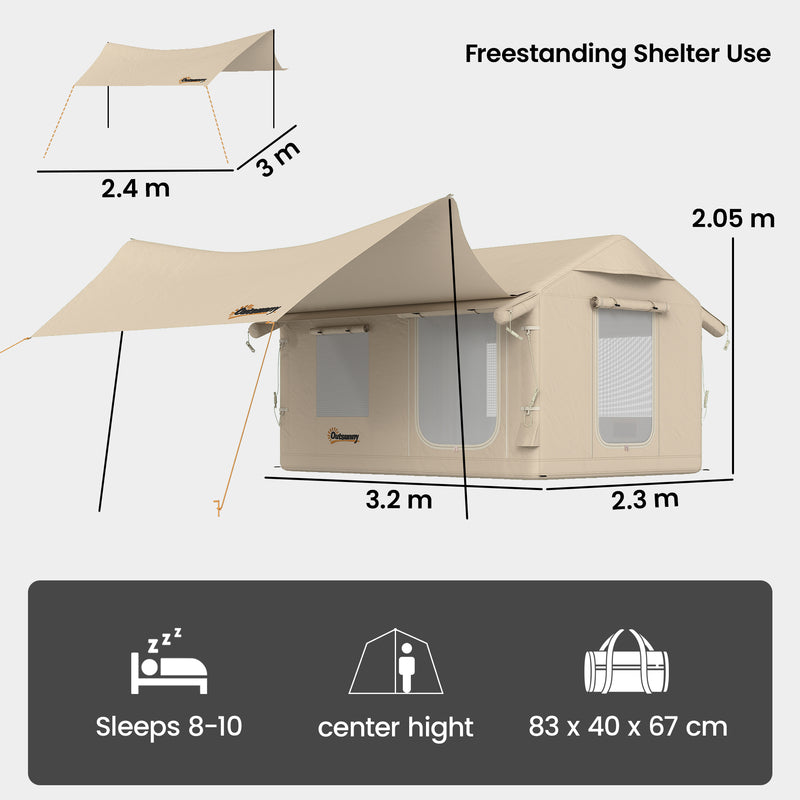 Waterproof Inflatable Camping Tent With Detachable Awning, 6-8 Person, Khaki