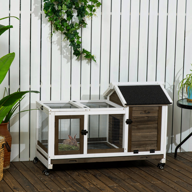 Wooden Rabbit Hutch with Removable Tray and Wheels for Outdoor or Indoor Use Brown