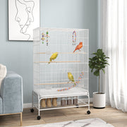 Tall Bird Cage with Stand and Toys for Canaries and Finches Ideal for Indoor Use, White