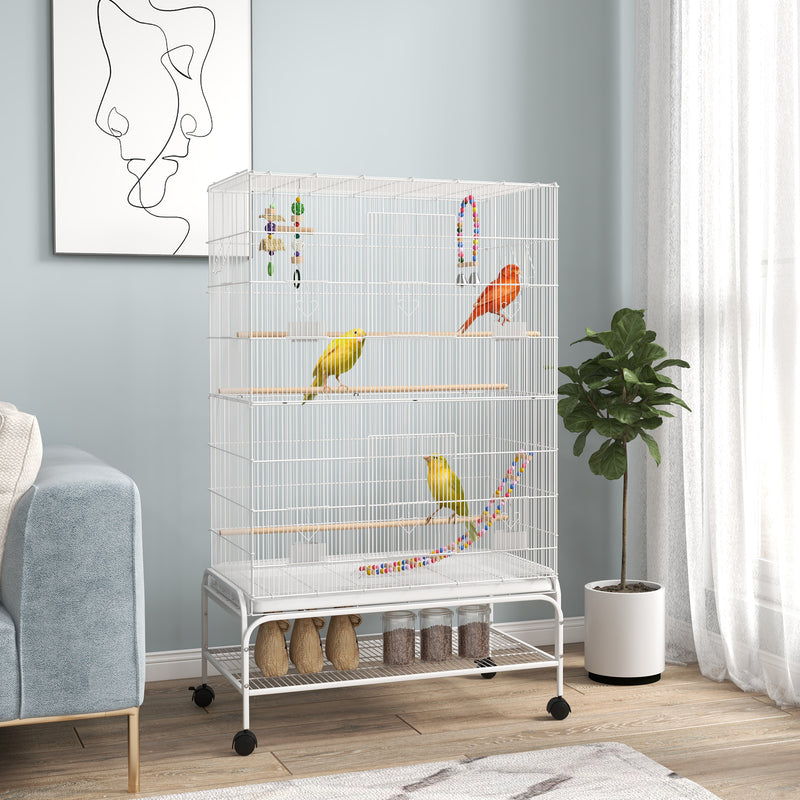 Tall Bird Cage with Stand and Toys for Canaries and Finches Ideal for Indoor Use, White