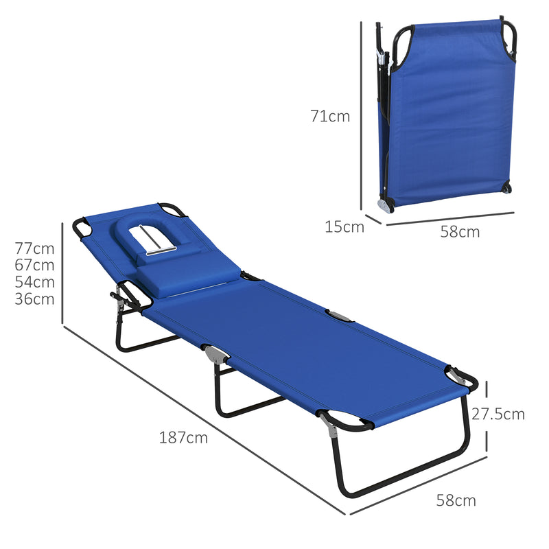 Blue Folding Sun Lounger Set of 2 with Adjustable Backrest and Face Hole for Garden Use